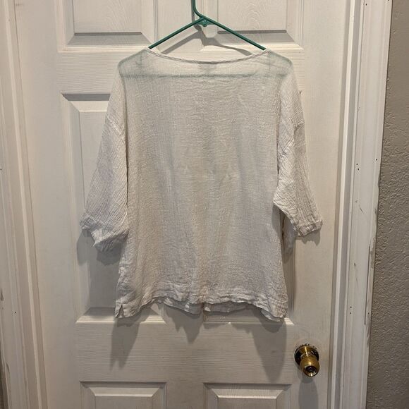 Pure J.Jill 100% Linen White Gauze Pintucked Blouse Petite L Buttoned 3/4 Sleeve - Picture 5 of 7